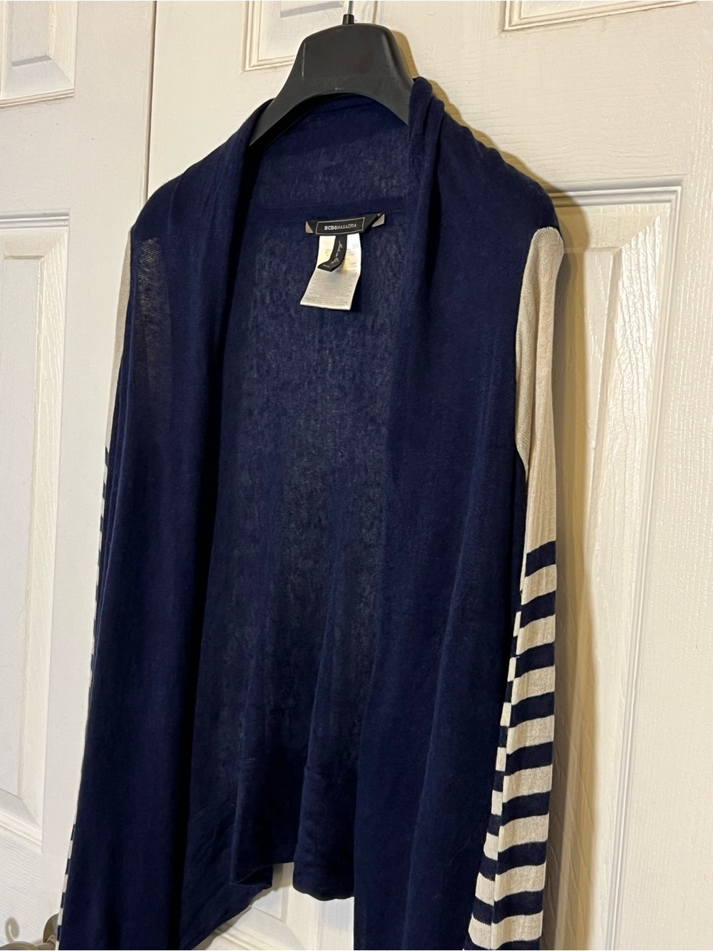 BCBGMaxAzria Navy Open-Front Cardigan with Cream Striped Sleeves